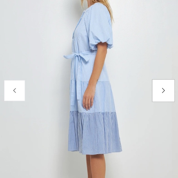 English Factory Puff Sleeve Round Neckline Midi Stripes Tiered Blue Dress Size S - Picture 3 of 15